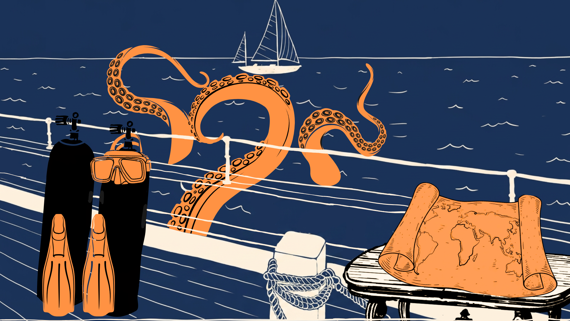 Illustration of a boat deck with dive gear, a kraken, and a map